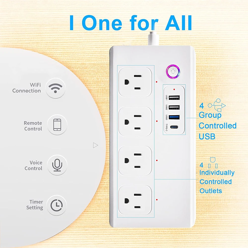 WiFi/Zigbee/Matter Power Strip US with PD 20W USB C Fast Charging Surge Protector & 1.5M Extension Cord Works Tuya Smart Life