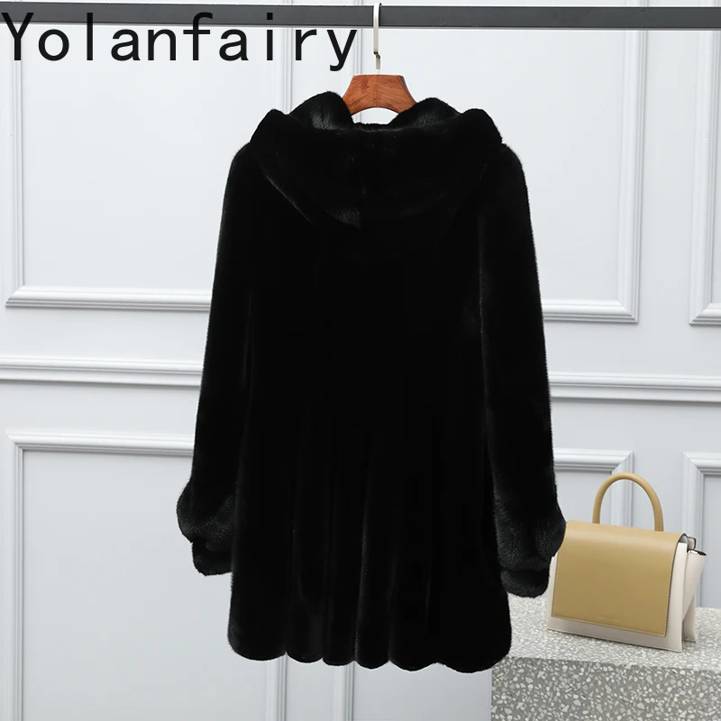 YOLANFAIRY Czyste, całkowicie naturalne futra z norek dla kobiet, z kapturem, zimowe, średniej długości, naturalne futro, modne czarne futra, Abrigo Mujer