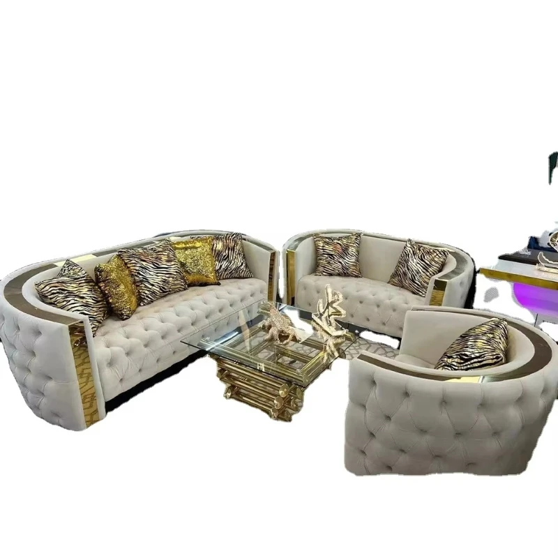 

Living room sofa set leather combination with leather buttons, stainless steel trim