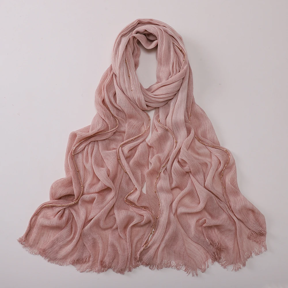 Luxury Golden Chain Beaded Hijab Rayon Retro Wrinkle Scarf Ramadan Shawl Headband Soft Turban for Muslim Women view 2