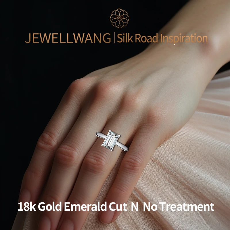 JEWELLWANG 0,5 1,0 ct 2C 3,0 ct Anelli di fidanzamento con diamanti a forma di smeraldo coltivato da laboratorio in oro bianco 18 carati da donna Colore E VS Chiarezza (IGI)