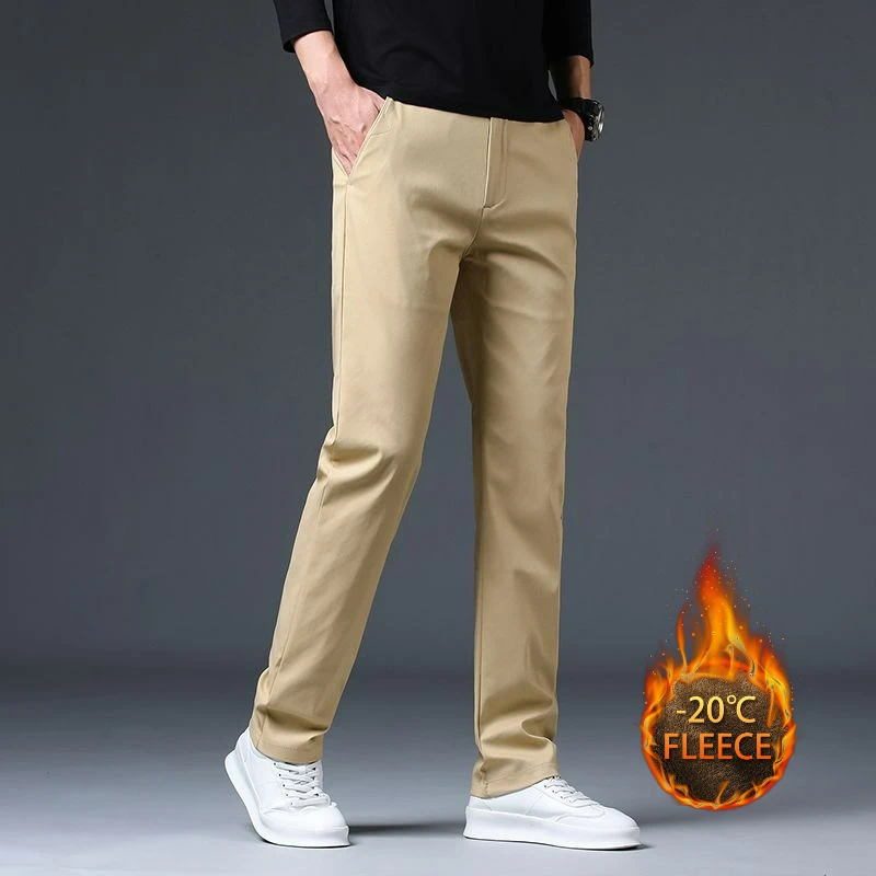 Men's New Loose Straight Leg Elastic Formal Pants Business Casual Style Autumn Winter Fleece Lined Formal Wear Slim Fit Trousers