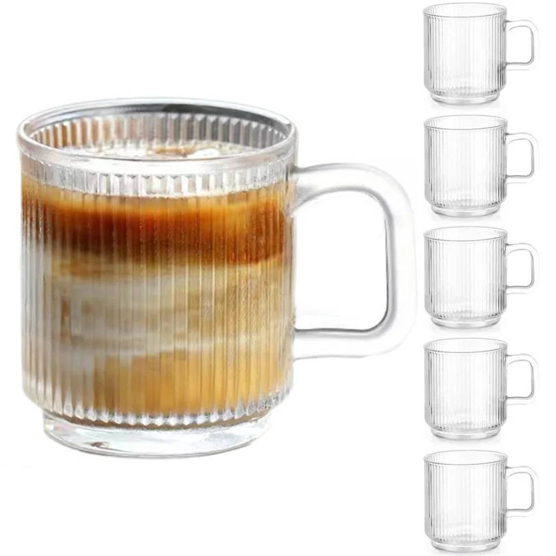 Taza de café de vidrio con asa, 12 onzas, con rayas verticales, para bebidas calientes/frías, Americano, Latte, Cappuccino, 1 unidad