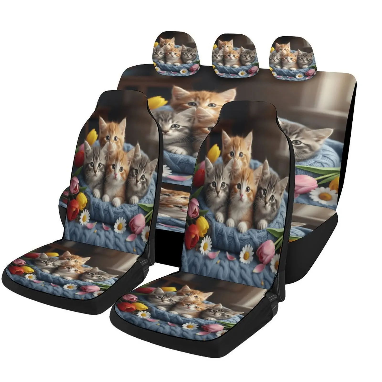 

Cute Kittens In Bloom Designed Car Seat Covers Set For Most Cars, Trendy Breathable Decorative Car Seat Protector Covers Full Se