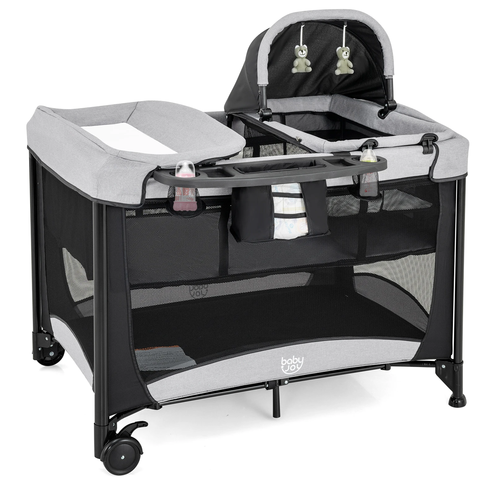 Lit d'appoint 5 en 1 avec roulettes, lit de voyage pliable avec matelas, lit 2 niveaux avec matelas 