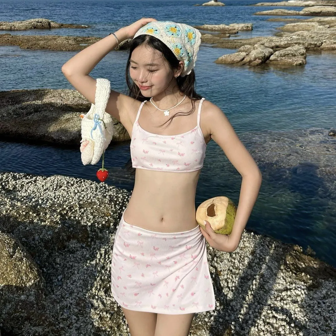 New 3 Pieces Set Floral Swimsuit Women Ribbed Swimwear Sexy Bandeau Bikini with Sarong Skirts Beach Wear Bathing Suit Korean