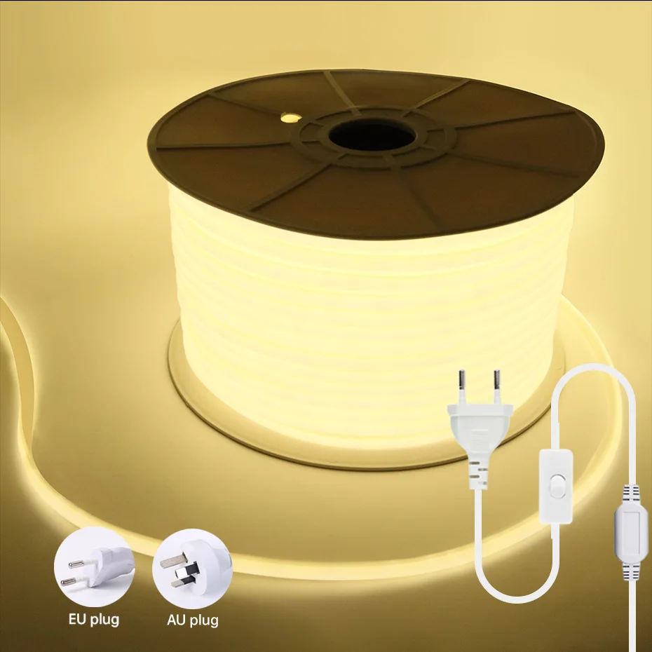 AU EU Switch Power Plug 220V COB Led Neon Strip 1-50M 288Leds/m Waterproof Led Ribbon Tape COB Light For Home Garden Decoration