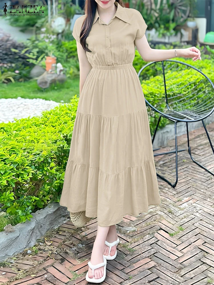 

ZANZEA 2025 Fall Fashion Cap Sleeve Shirtdress Women Elegant Tiered Midi Dresses Turn-Down Collar Solid A-line Robes Femme