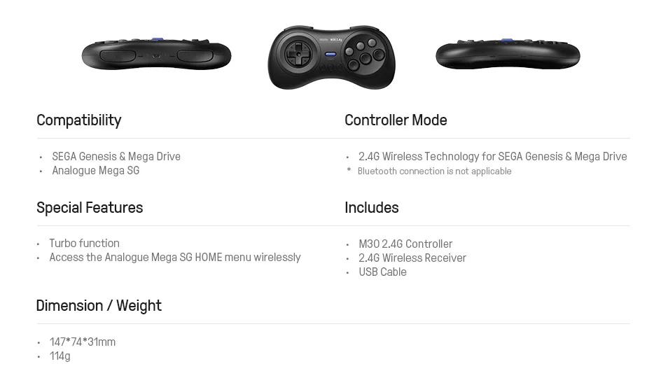 8BitDo M30 2.4G Wireless Gamepad,Game Accessories Controller for the Original Sega Genesis and Sega Mega Drive - Sega Genesis
