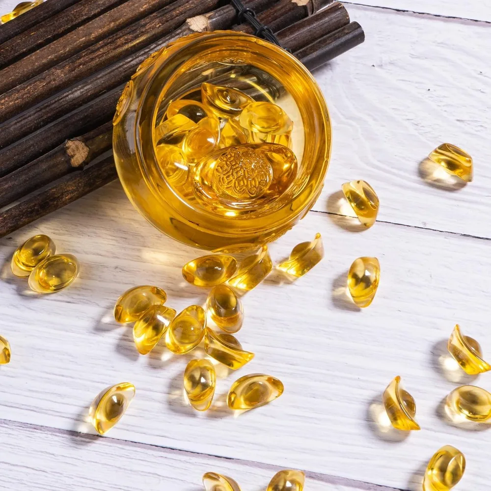 3.15" glass wealth bowl with 1 large & 42 small ingots, golden treasure basin feng shui money bowl for home office