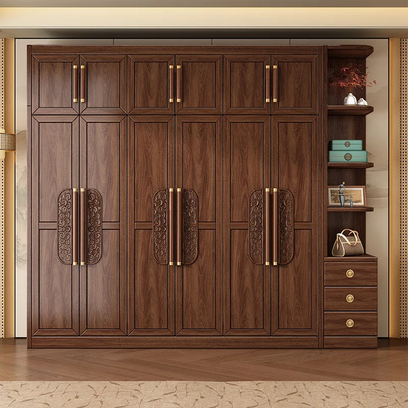 

New Chinese style solid wood wardrobe bedroom storage wardrobe cabinet modern simple wall integrated storage furniture