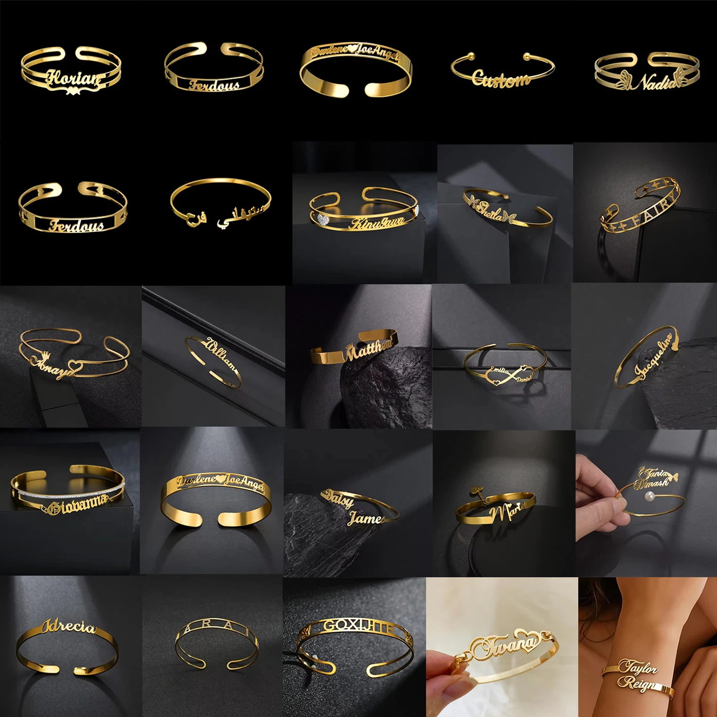 Nova Pulseira Personalizada com Nome, Oca, à Prova d'Água, em Aço Inoxidável Banhado a Ouro 18K, para Presentes de Joias de Natal Femininas