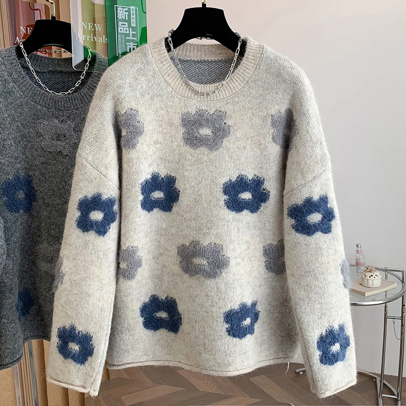 

SuperAen Autumn and Winter 2025 New Korean-style Loose Casual Comfortable Top Contrasting Flower Round-neck Long Sleeves Sweater