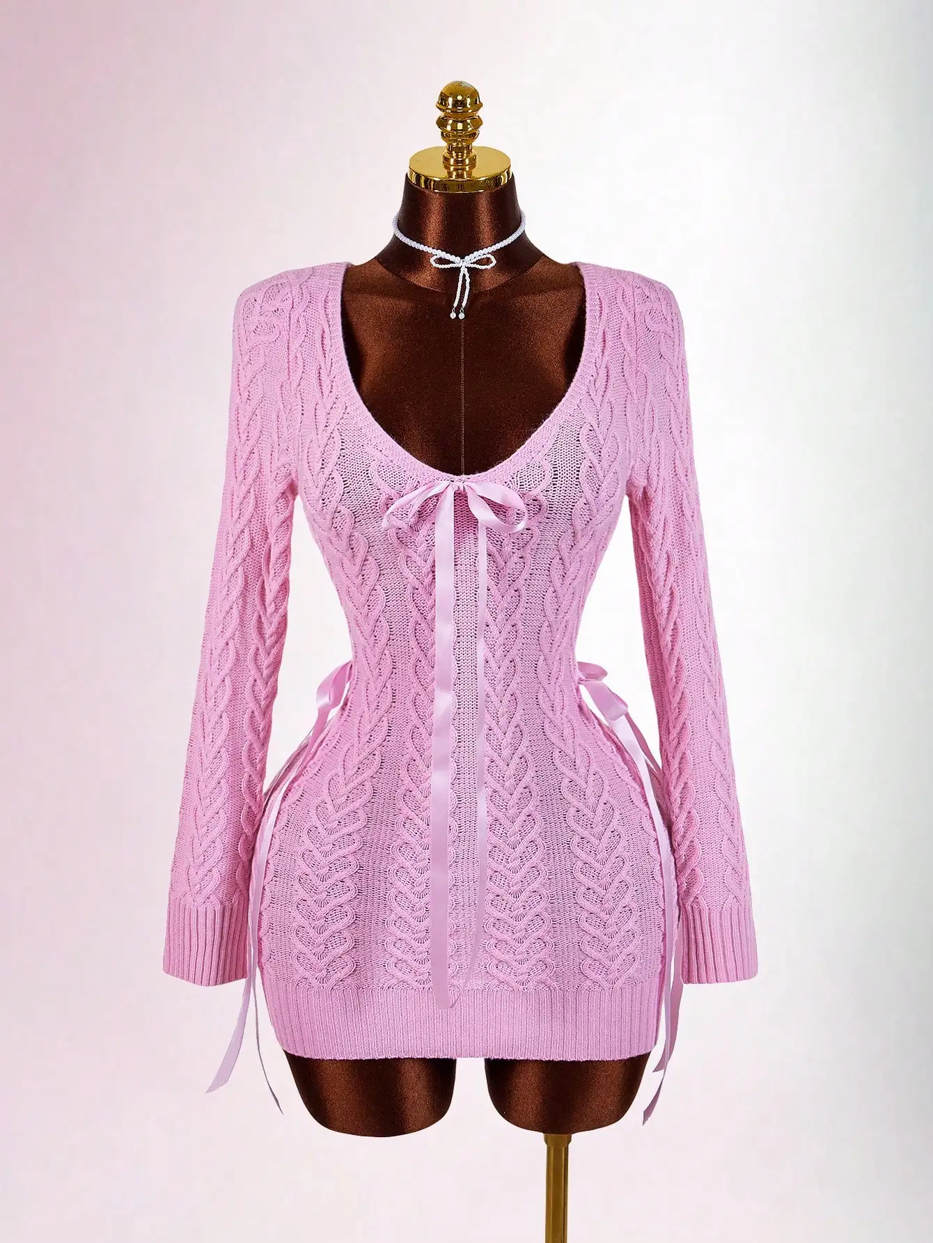 

Розовое трикотажное платье Y2K с V-образным вырезом, длинными рукавами и бантом для Дня святого Валентина и Рождества