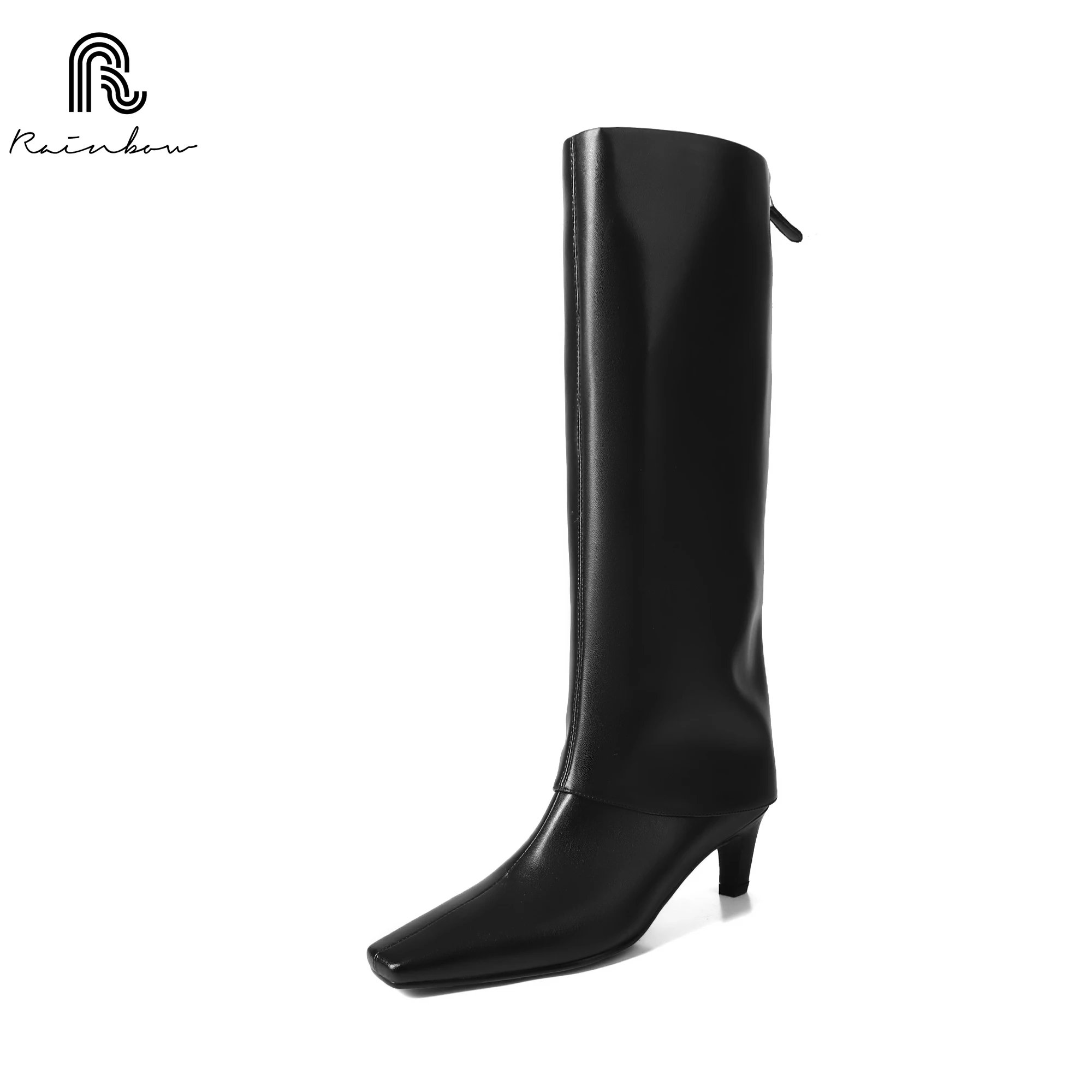 RAINBOW New Shoes Ladies Modern Knee High Heels Boots Designer Fashion Slip On Long Women Western Female Pumps Footwear Pleated