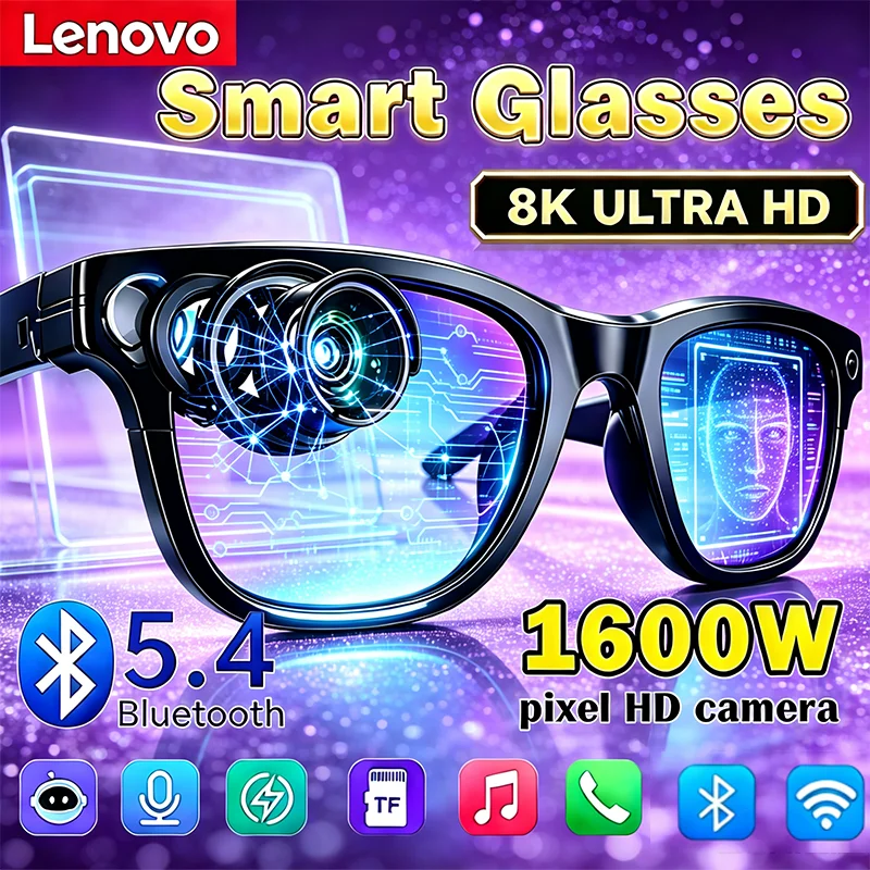 Lunettes intelligentes Pixel AI Lenovo 2027, 2400W, avec fonction d'enregistrement photo, contrôle Bluetooth, traducteur tactile, assistant vocal IA, lunettes de soleil.