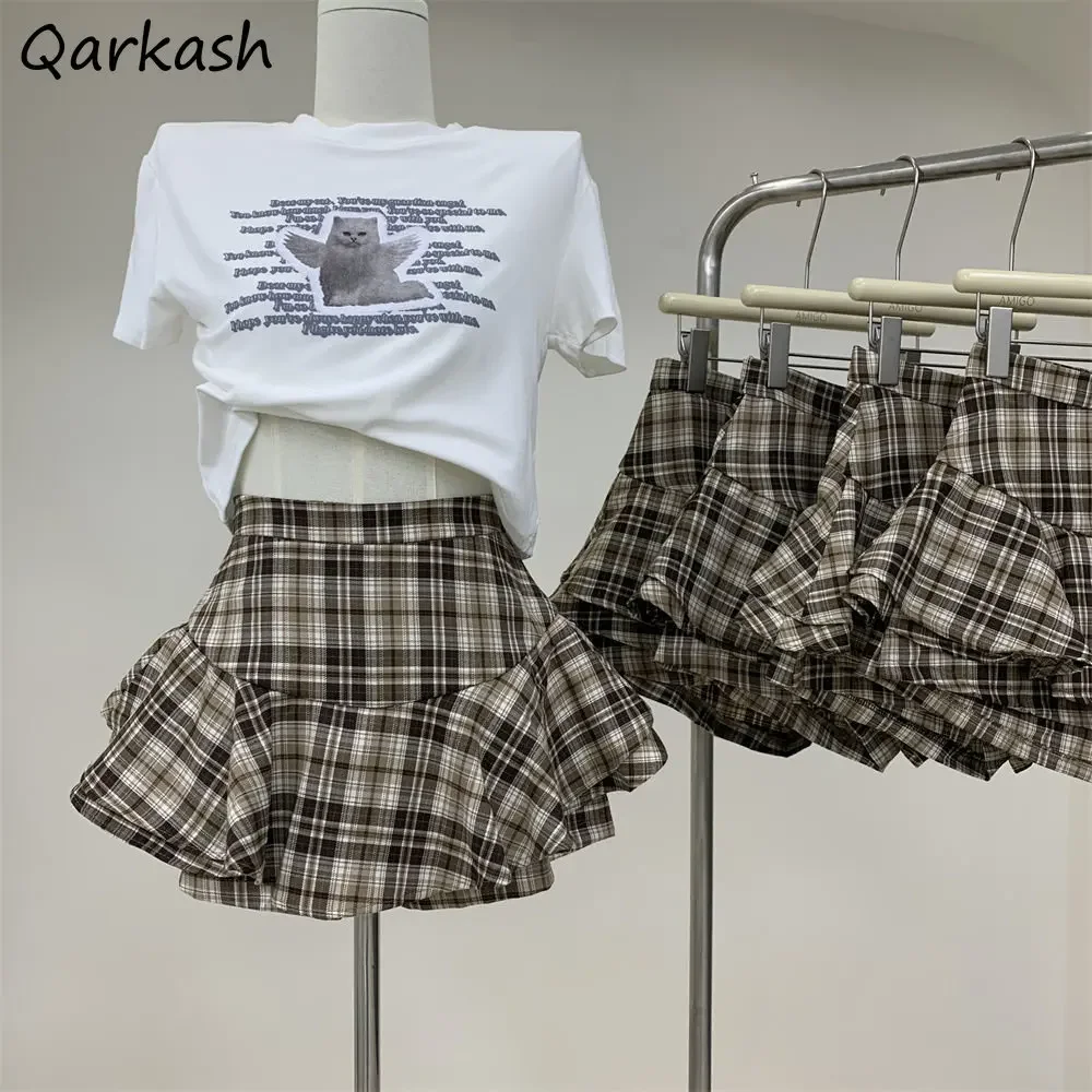 

Mini Skirts Women Plaid Sweet Streetwear European Temper Designer Ruffles Vintage Aesthetics High Waisted Hipster Elegant A-line