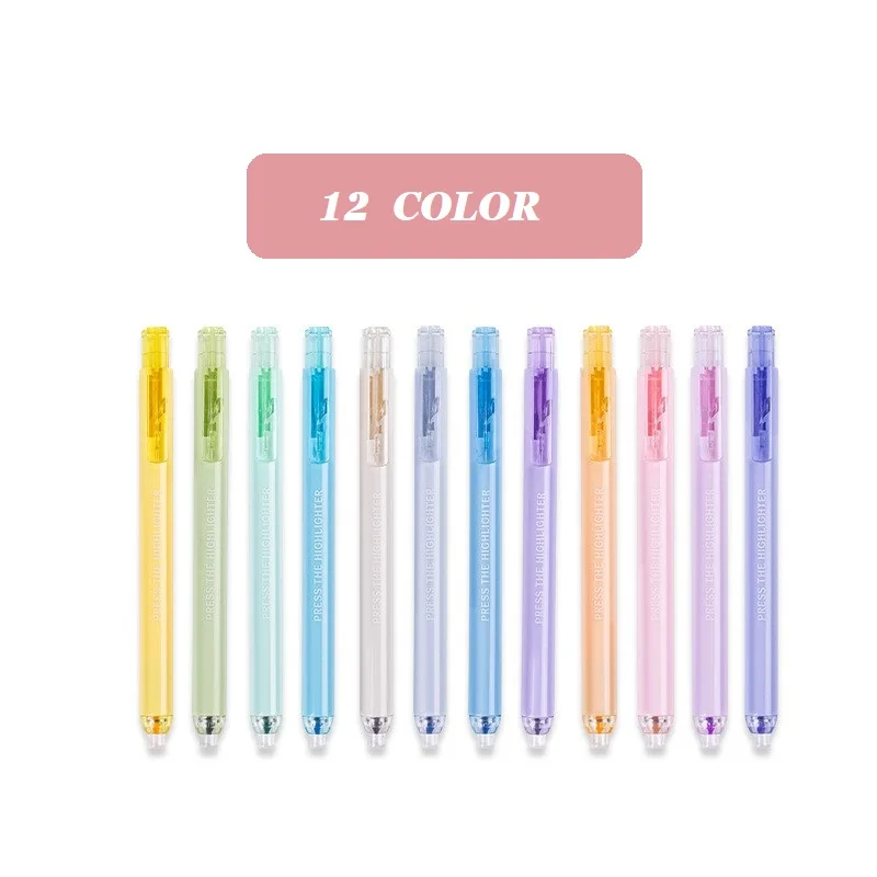 12p Eye-Friendly Multi-Color Retractable Highlighter Soft Tip Large Capacity Quick-Dry Ink Ideal for Students Journaling