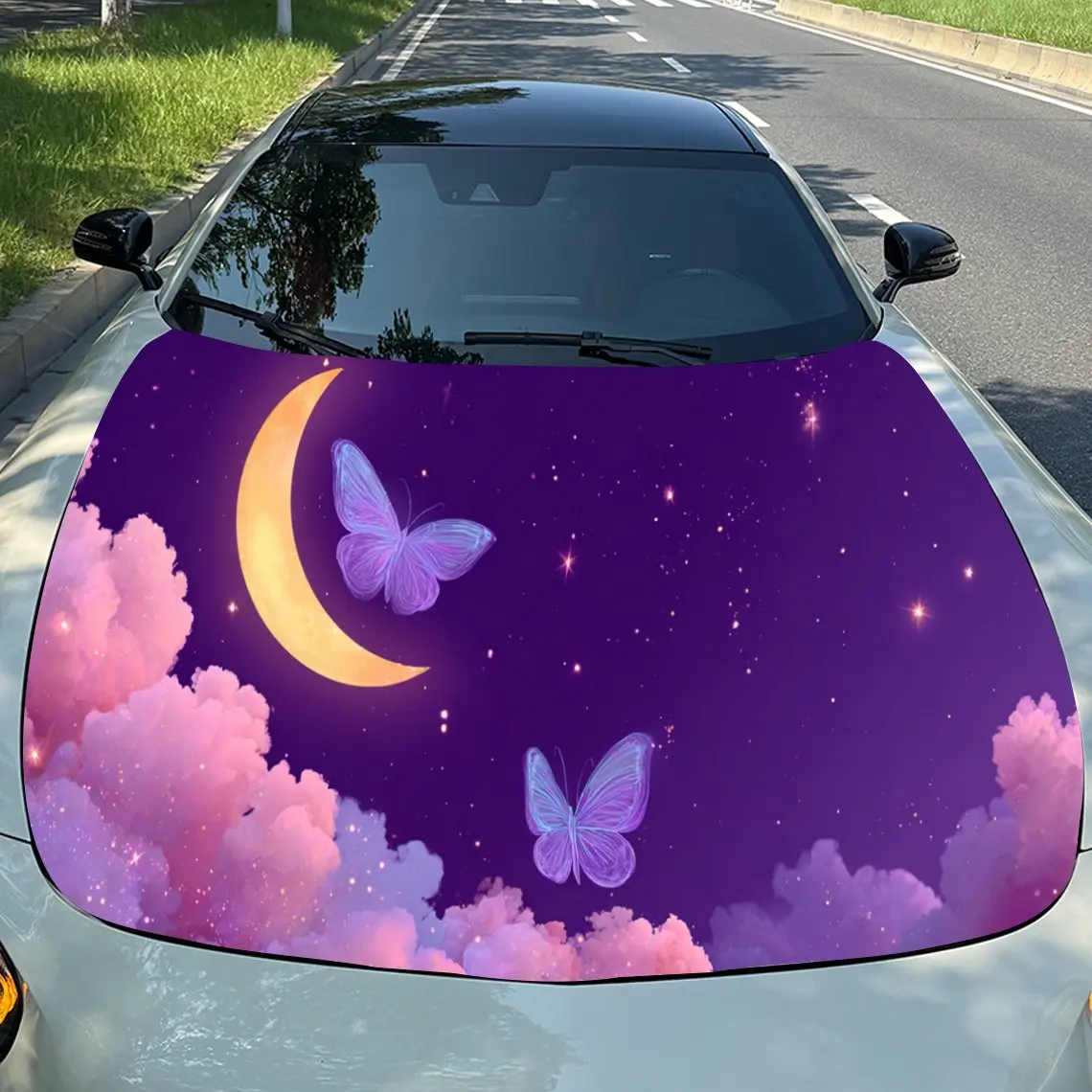 

Moonlit Butterfly Dream Wonder PVC Car Engine Hood Vinyl Wraps, Self-Adhesive Waterproof Car Hood Decal Sticker, Car Decoration