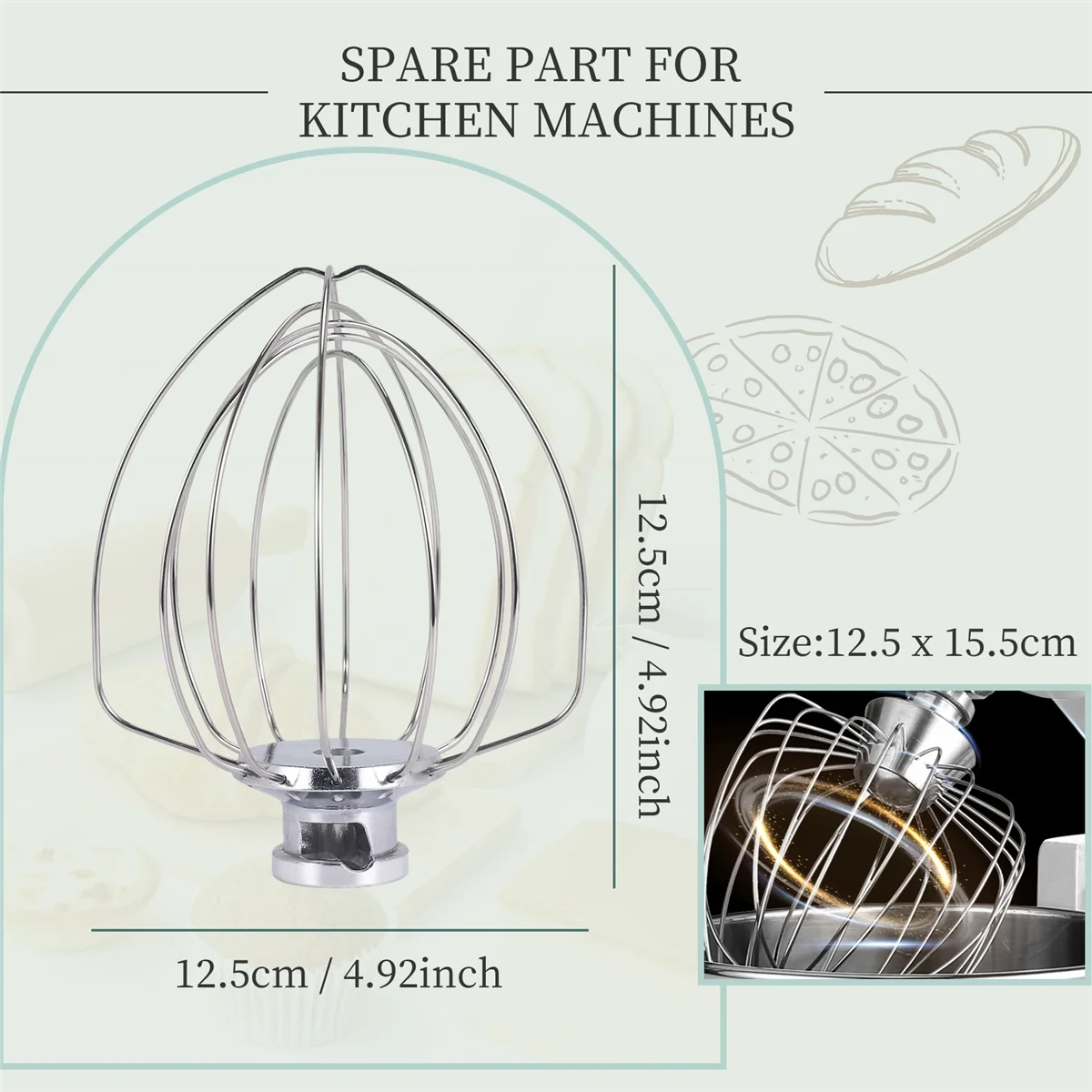 Batedor de aço inoxidável 5K452WW para máquina de cozinha 5KSM90-5KSM185