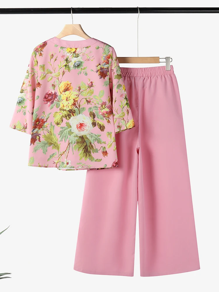 ZANZEA 2 STUKS Zomer Broek Past Vrouwen Gedrukt Bijpassende Sets 3/4 Mouw Bloemen Blouse Wijde Pijpen Broek Sets Casual losse Outfits