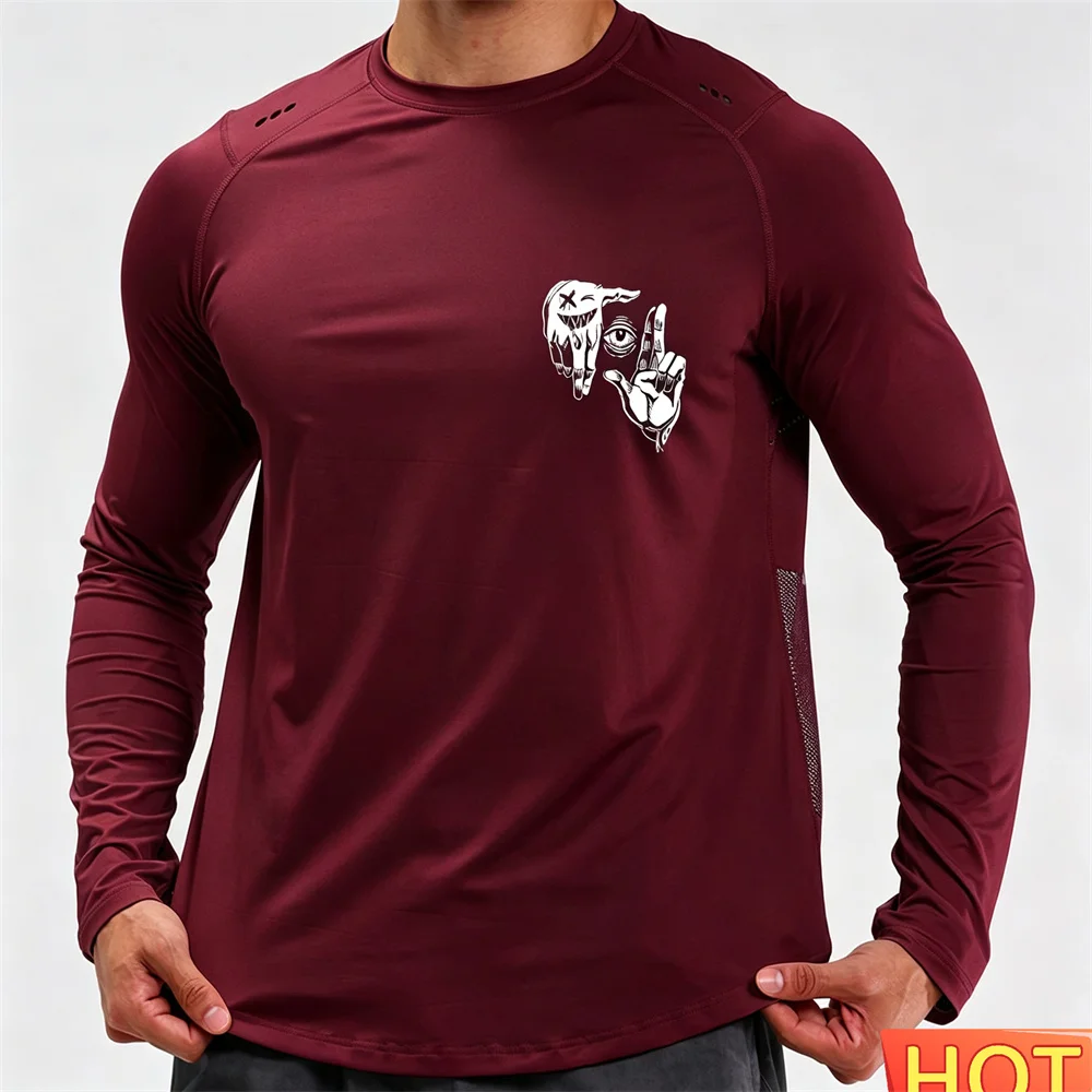 Autumn Men's Fitness Long sleeved T-shirt Anime Gesture Pattern T-shirt Cotton Elastic Loose fitness T-shirt Gym men's clothing view 4