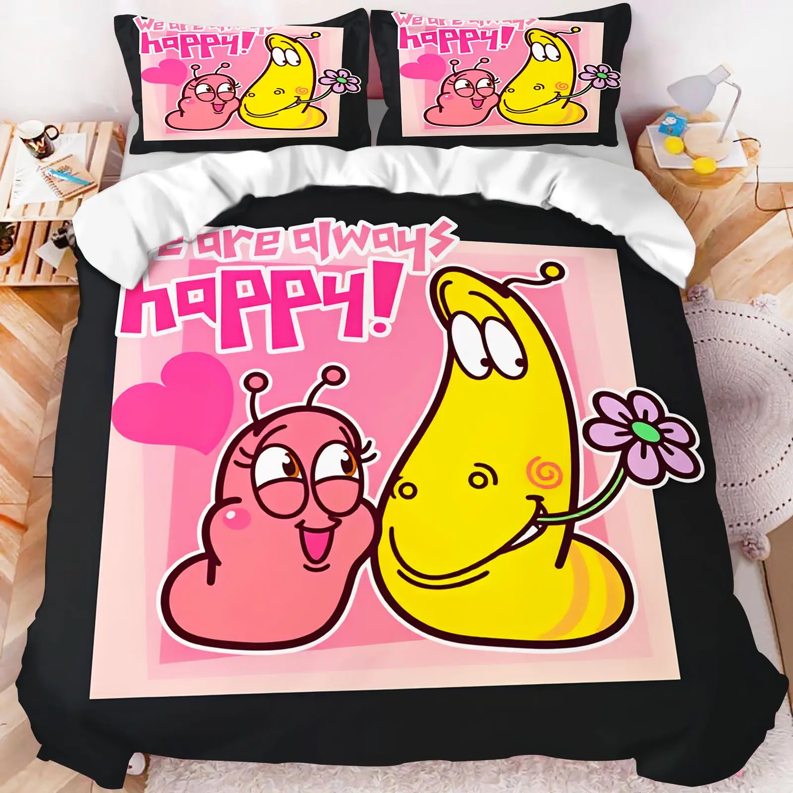 Larva Cartoon Bedding Set Pink Sticker Print Duvet Cover Pillowcase Cute Red Yellow Worms Kids Bedroom Quilt Cover
