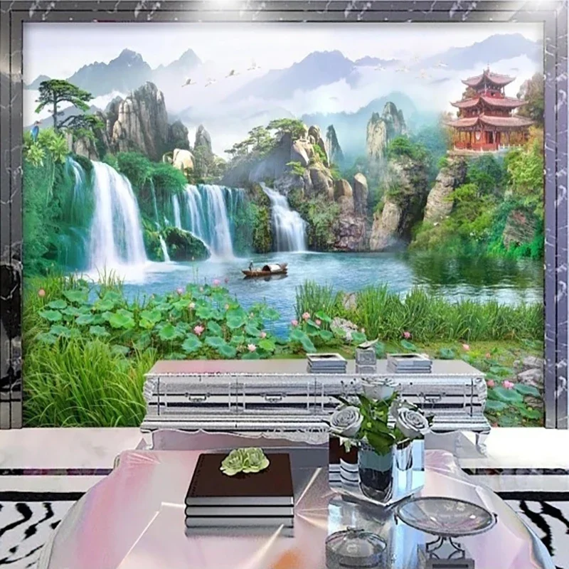 

Custom Wall Cloth Landscape Waterfall Painting Photo Mural Wallpaper Living Room TV Background Wall Sticker Parpel De Parede 3D