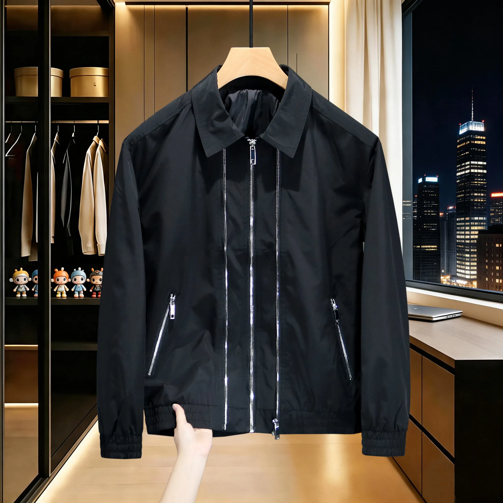Brand Autumn Men's Lapel Black Jacket Zipper Decoration Bomber Jackets Windproof Casual Business Coats Outwear Men Clothing