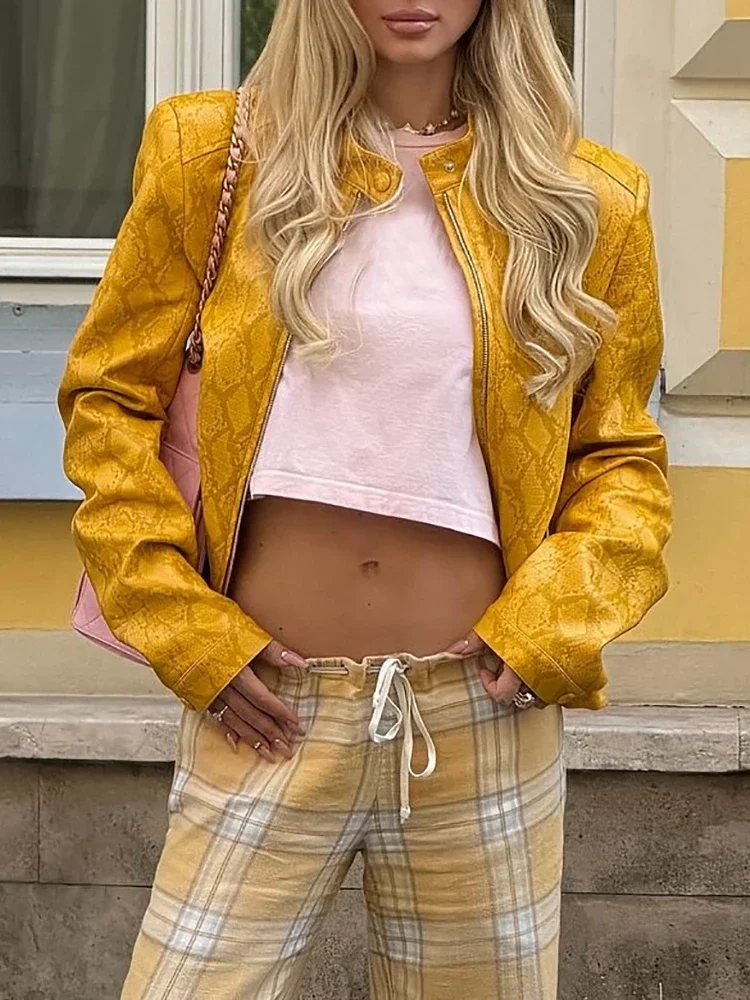 Women's Chic Snake Pattern Cropped Coat Trendy Stand Collar Faux Fur Leather Short Jacket 2026 Autumn NEW High Street Outfit