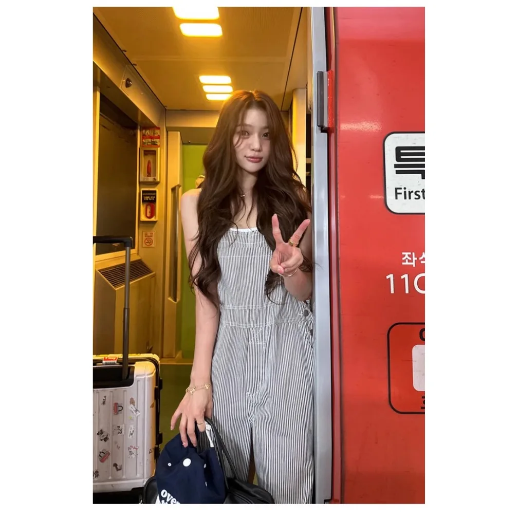 

Весна 2026: Женские повседневные прямые рабочие комбинезоны с полосатым узором, стройнящие, свободного кроя, в уличном стиле, джинсовые брюки