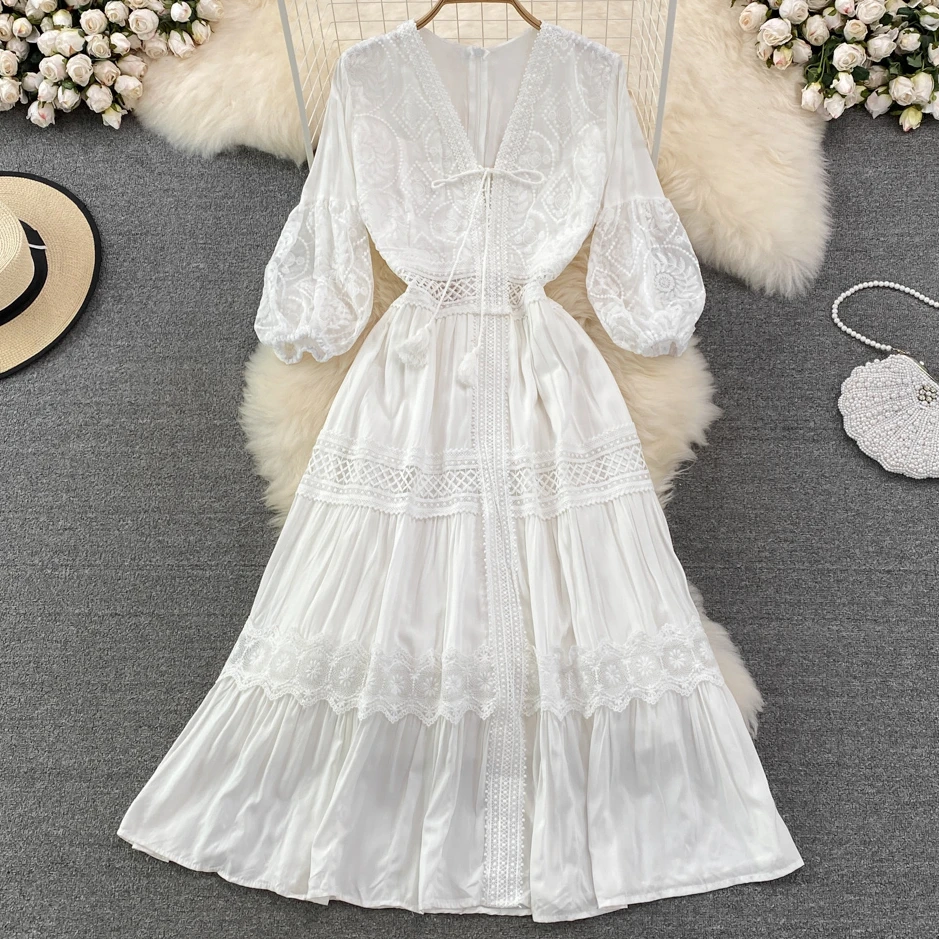 TEELYNN Vintage, w kwiaty haftowana koronkowa sukienka Maxi damska elegancka lampion z dekoltem w serek długie sukienki Boho damskie Vestidos