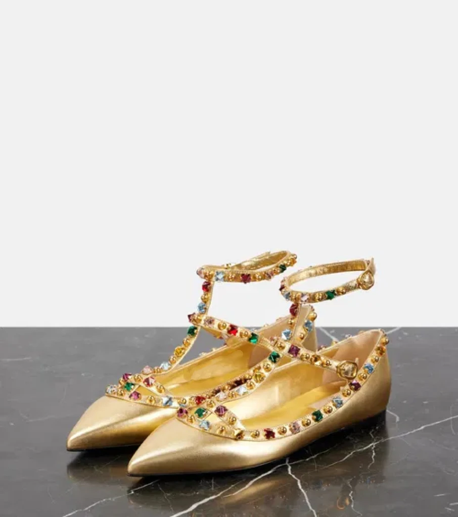 

Spring/Summer New Women's Gold Metallic Pointed Toe Flats Shiny Rhinestone Decor Ankle Strap Cross Luxury Fashion Ballet Shoes