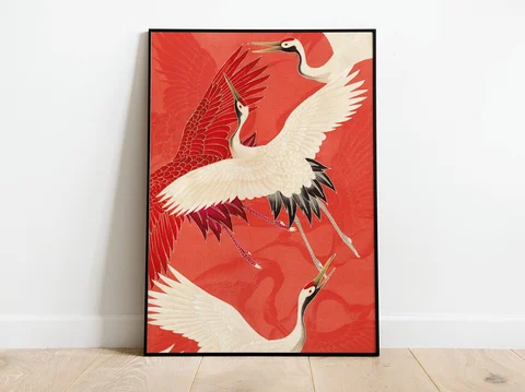 Vintage Japanese poster with Crane Bird illustration art print, Home Decor
