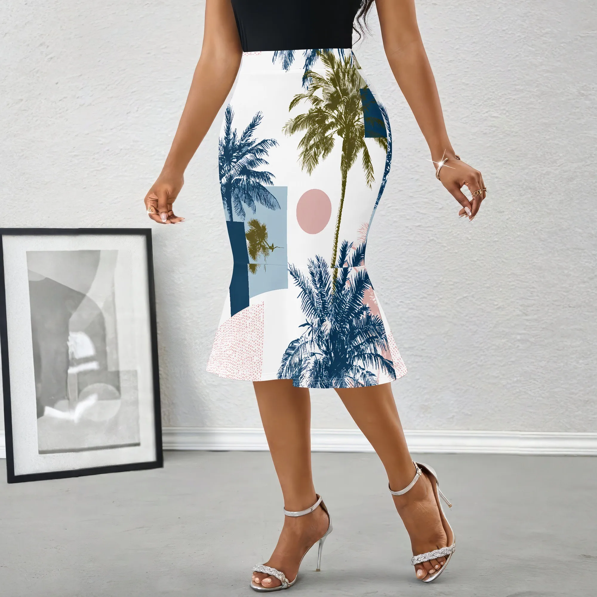 Palm Print Skirt Tropical Trees Summer Beach Wear, Geometric Shapes Retro Style Women's Pencil Skirt