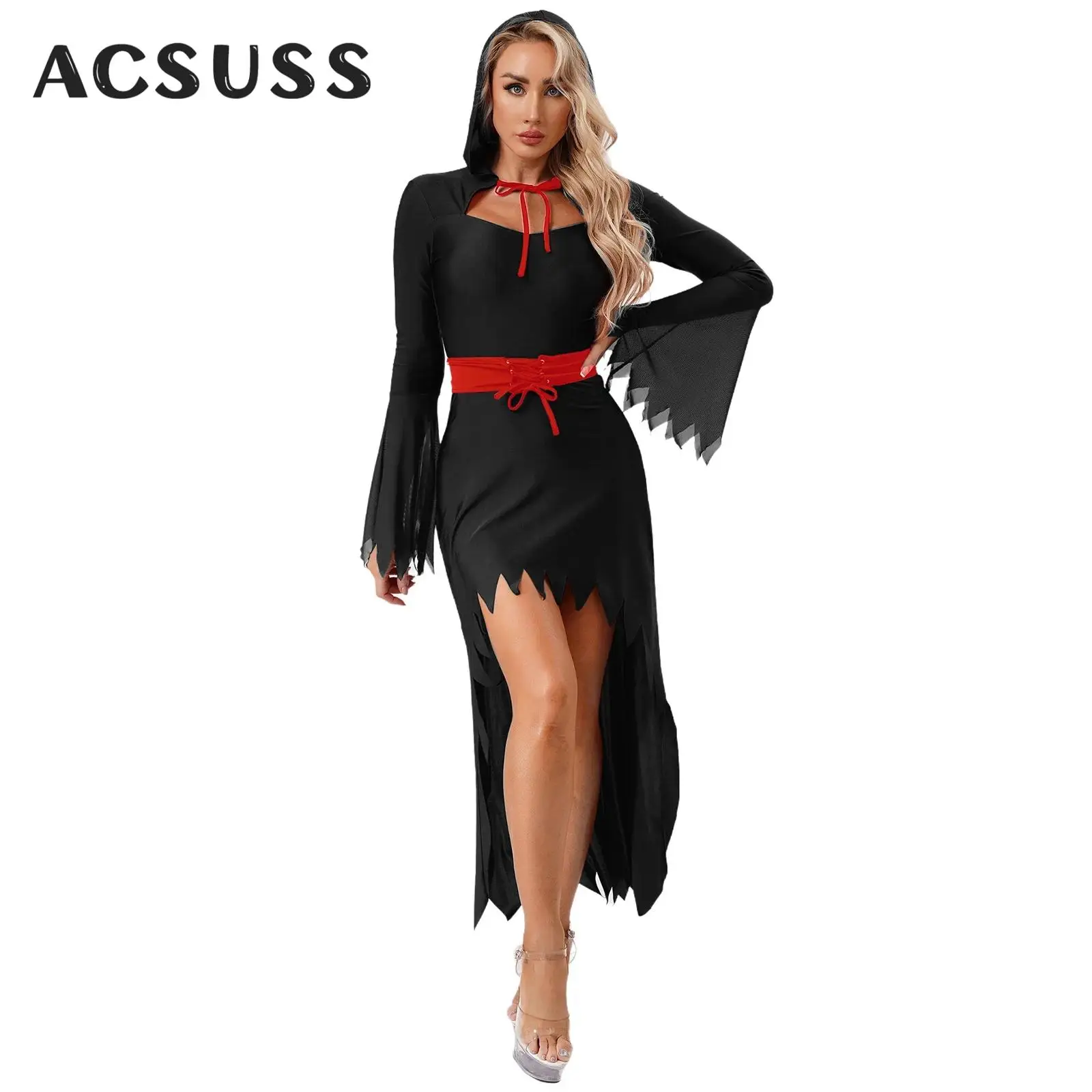 

Женский костюм дьявола вампира на Хэллоуин с длинными рукавами и зубчатой отделкой, готическое платье с капюшоном, карнавальная вечеринка, нарядное платье для ролевых игр