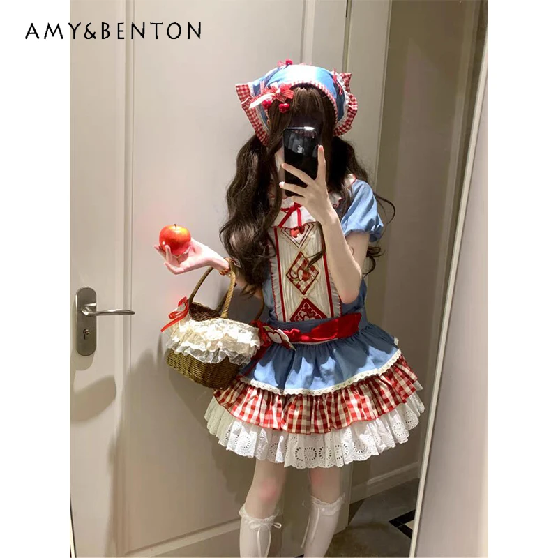 

Cute sweet pastoral short-sleeved Lolita puffy princess dress 2025 new soft girl style high waist slim multi-color dress