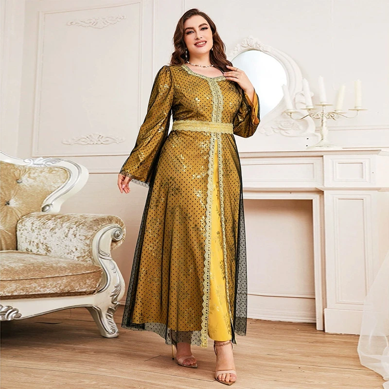 

Muslim Women Mesh Long Maxi Dress High Waist Kaftan Dubai Turkey Abaya Islamic Clothing Arabic Robe Eid Jalabiya Femme Vestidos