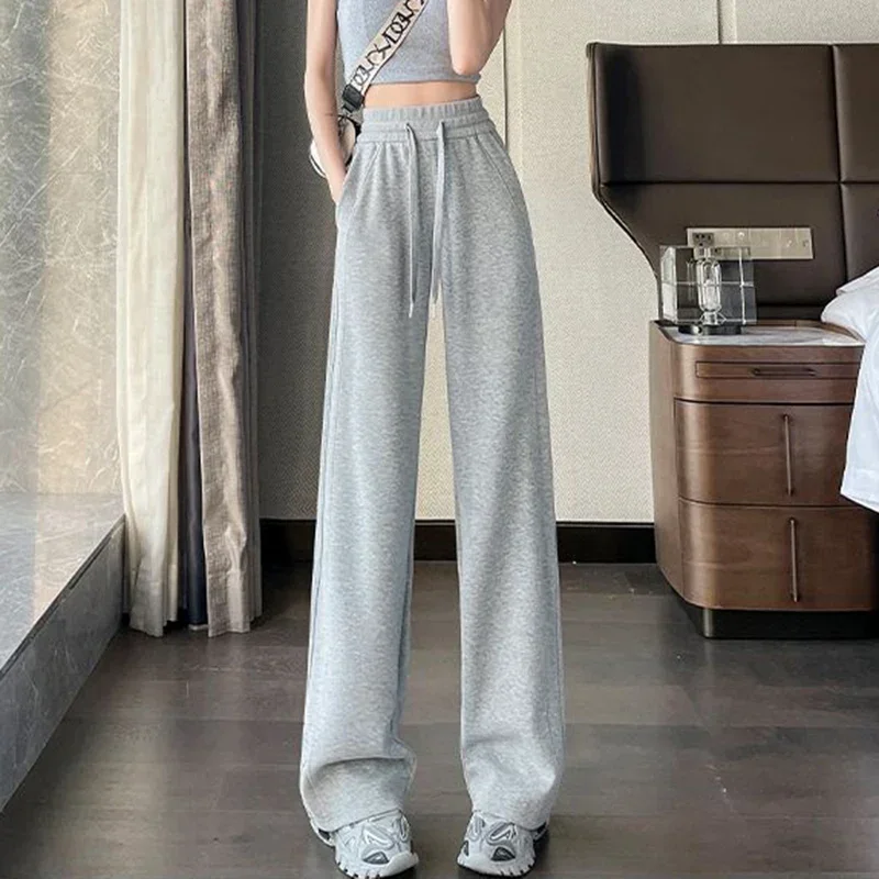 2025年 レディース ハイウエスト スリムフィット トラウザーズ クラシックファッション 女性用 ストレートレッグ スウェットパンツ ガールズ 韓国デザイナー 無地 薄手パンツ