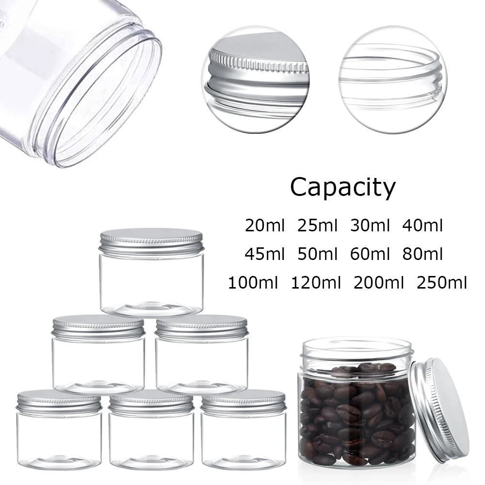 1-10 قطع 20-250 مل برطمانات بغطاء ألومنيوم واسعة الفم، حاويات كريم بلاستيكية شفافة فارغة لتخزين مستحضرات التجميل والمكياج