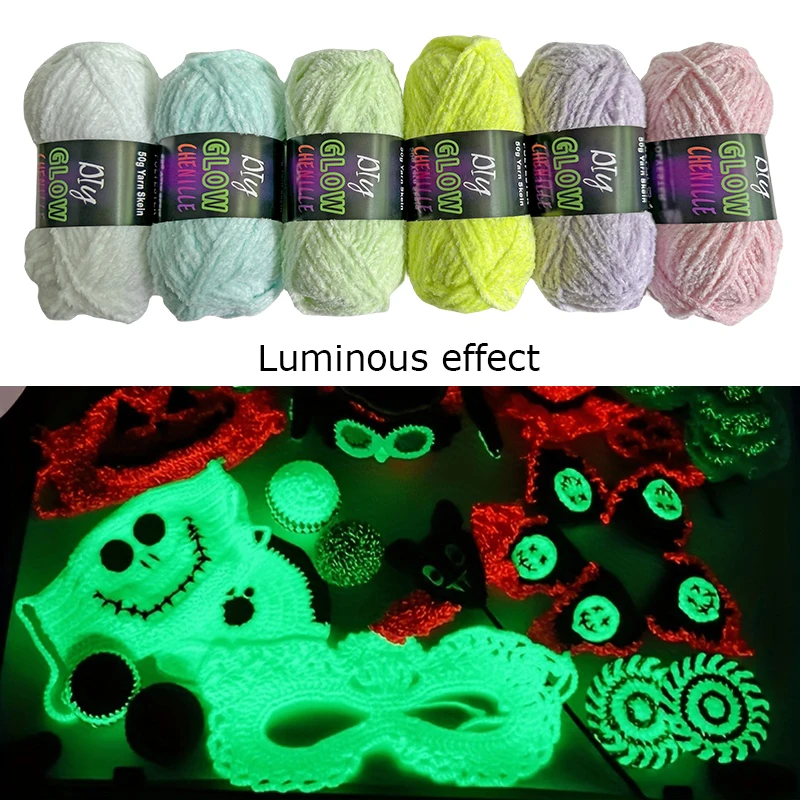 Luminous Chenille Yarn for Knitting, Glow in the Dark, Thick Scarf, Glowing, Polyester, Crochet, 50g/Roll, 4mm