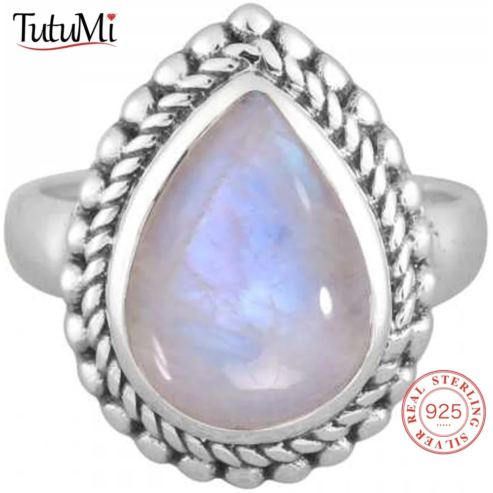 

Винтажное кольцо из стерлингового серебра 925 пробы с радужным лунным камнем в стиле бохо, уникальный серебряный дизайн, обещание ручной работы, подарочные украшения для женщин и мужчин