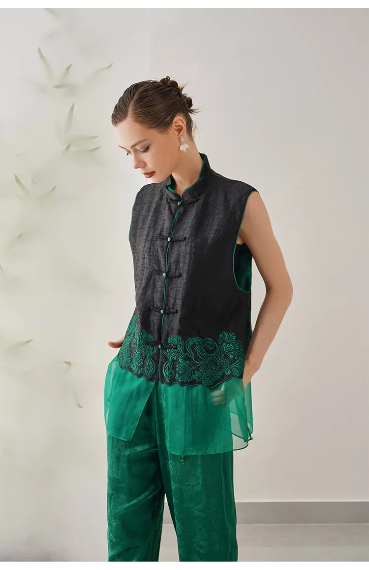 2024 Summer New Chinese Style Stand Collar Silk Spliced Organza Top Vintage Embroidery Single Breasted Woman Vest M-XXL