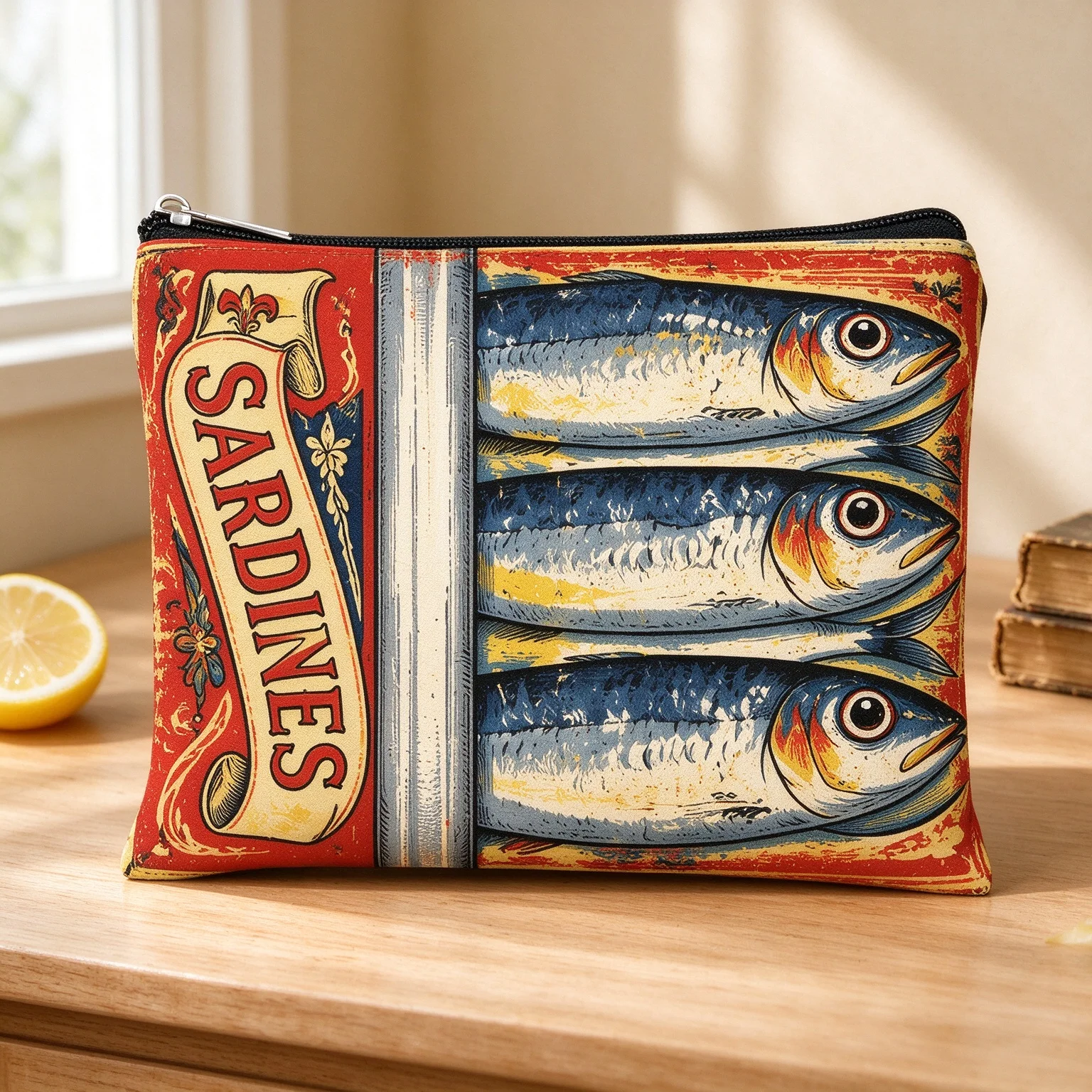 Canvas Zipper Pouch Vintage Sardine Can Label Print Makeup Bag Portable Travel Cosmetic Storage Organizer for Women