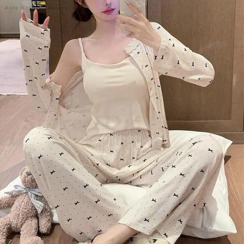 

Sexy Modal Pajamas Long Sleeve Cardigan Home Clothes Sweet Printed Sleepwear Female Loose Casual Pyjamas Suit Simple Loungewear