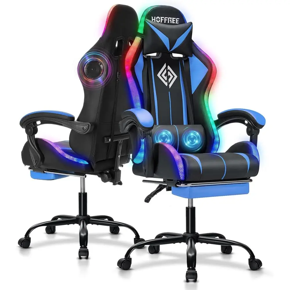 

Эргономичное игровое кресло с высокой спинкой, Bluetooth-колонками, RGB-подсветкой и поясничной опорой - сине-черное