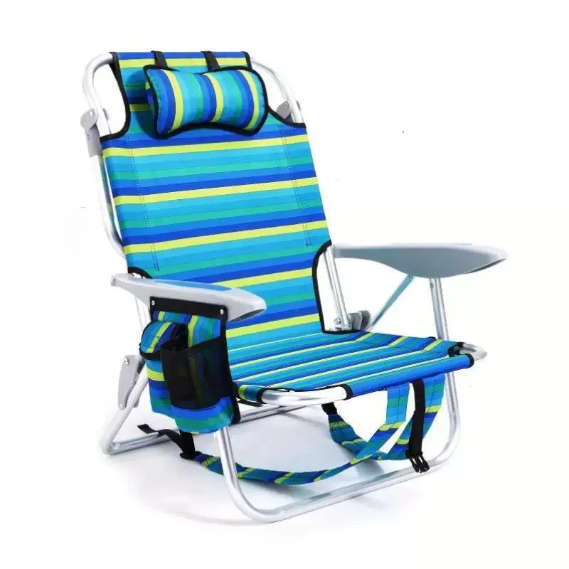 Factory Direct Durable 5-Position Adjustable Beach Chair with Wood Armrest Foldable Aluminum Backpack Cooler Bag for Parks