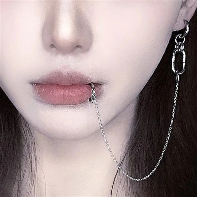 Anting-anting klip bibir tindik palsu gaya keren anting-anting sambung rantai Punk cincin bibir berengsel untuk Aksesori Perhiasan mode Pria Wanita