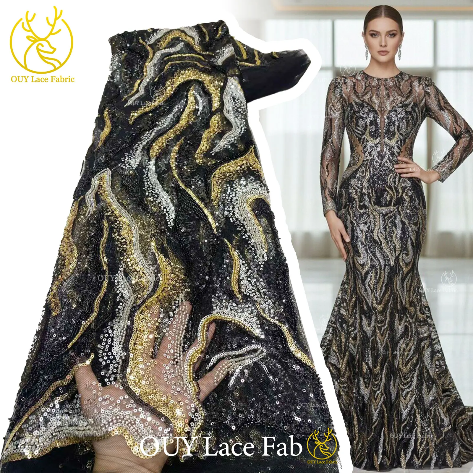 

Elegant Nigerian Handmade Heavy Beaded Tulle Lace Fabric 2026 African Luxury Sequin Lace Fabric for Women's Evening Gowns
