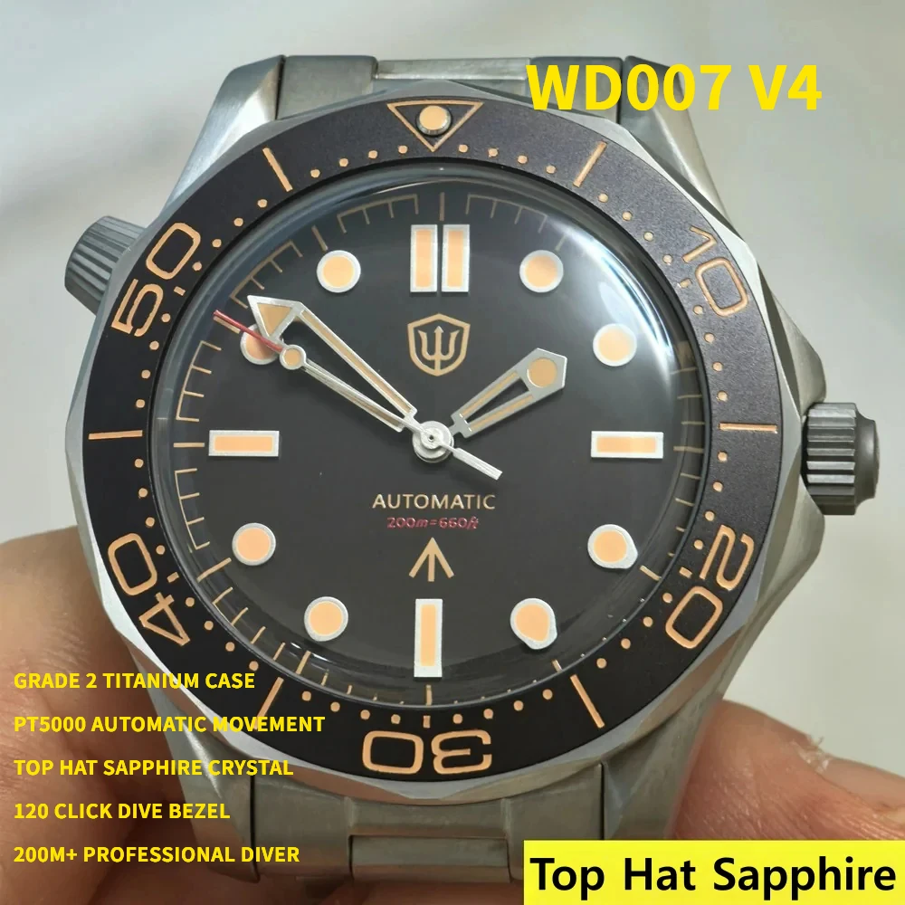 

Watchdives WD007 V4 42 мм титановые автоматические часы для дайвинга с механизмом PT5000, сапфировым стеклом, люминесцентным покрытием BGW9 и безелем с 120 кликами защелкивания.